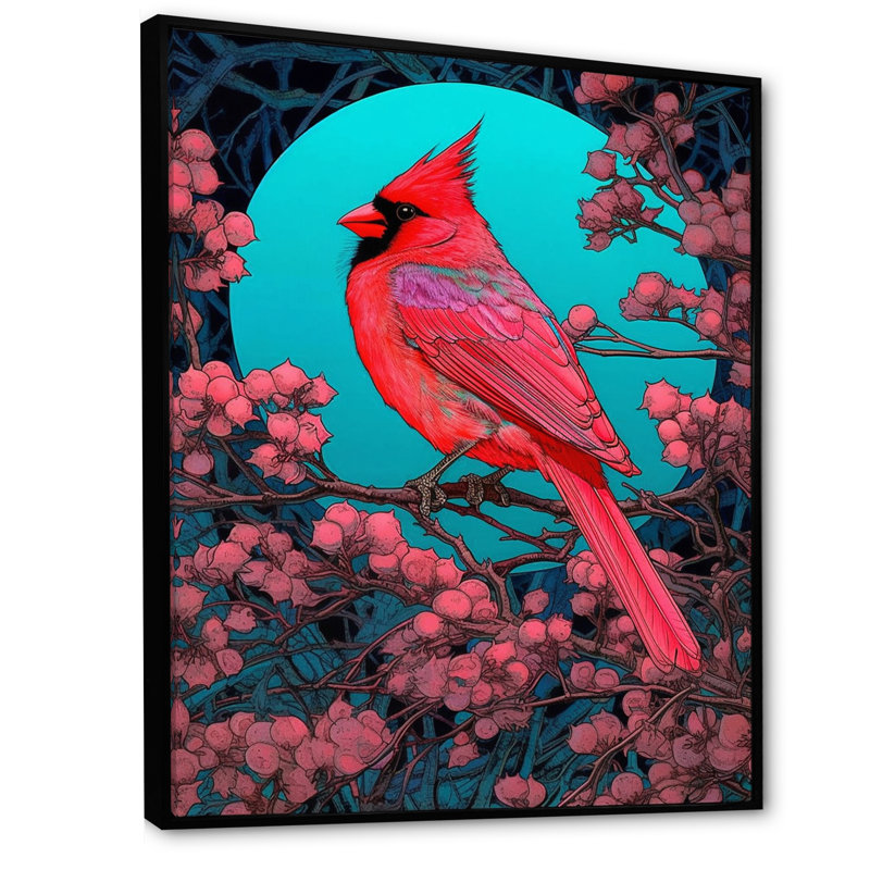 Cardinal rouge sous la pleine lune - impression, H 44 po x l 34 po x P 1,5 po, Cadre flottant noir