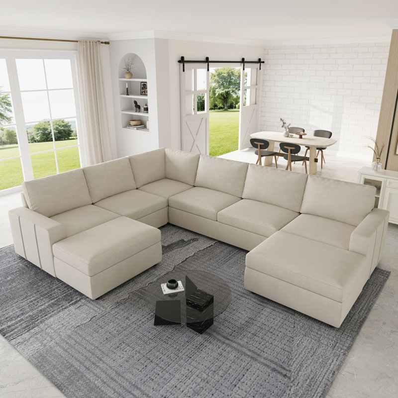 Canapé modulaire de rangement en U avec deux repose-pieds, Velours beige