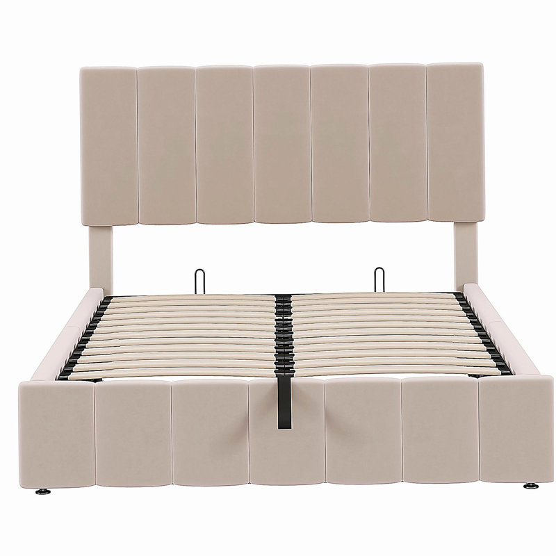 Lit avec système de rangement hydraulique, Beige, Lit double