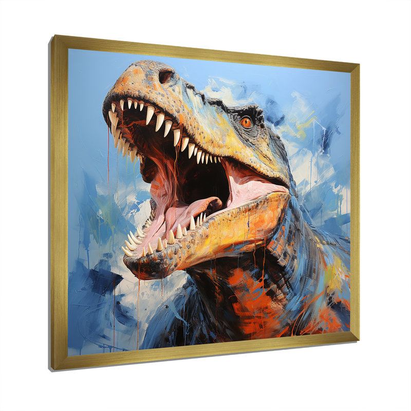 Chasseurs de dinosaures bleus - art de mur de dinosaure, Cadre doré simple, H 16 po x l 16 po x P 1 po
