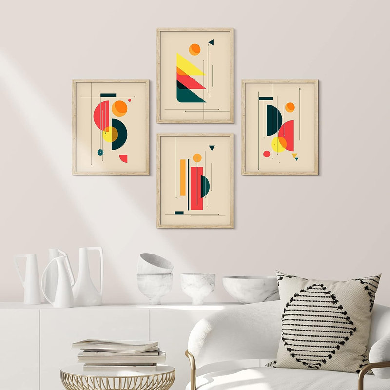 Mid-Century Modern Retro Polygon Collage, impression encadrée de 4 pièces, H 14 po x l 11 po x P 1 po, Encadré naturel