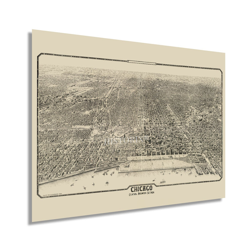 1916 Chicago Illinois, affiche de carte sur papier, H 18 po x l 24 po