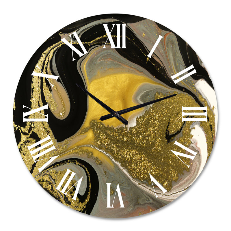 Or et noir marbré texture ondulée I - horloge murale moderne, Grand
