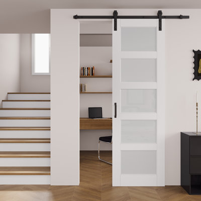 5-Lite Frosted Glass White Primed Sliding Barn Door with Installation Hardware Kit(No Assembly Required)