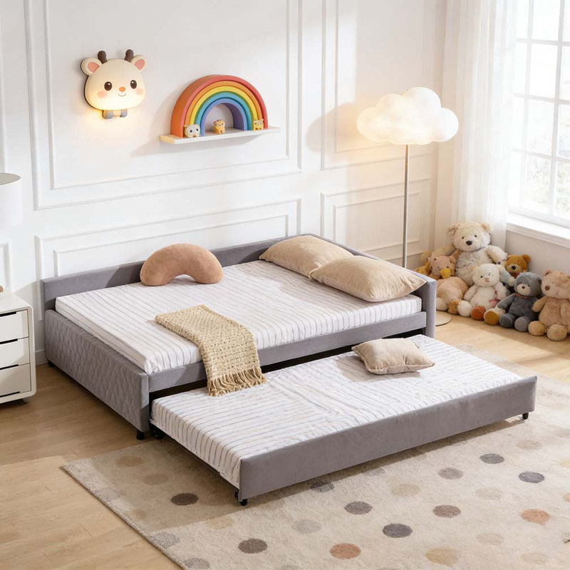 Lit de jour rembourré avec lit gigogne, base de lit en bois robuste, Gris