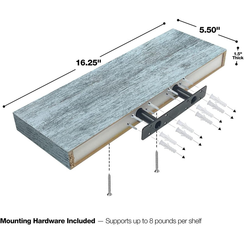 Sorbus 16" Long Floating Shelves with Invisible Mounting - Set of 3, Blue, Blue