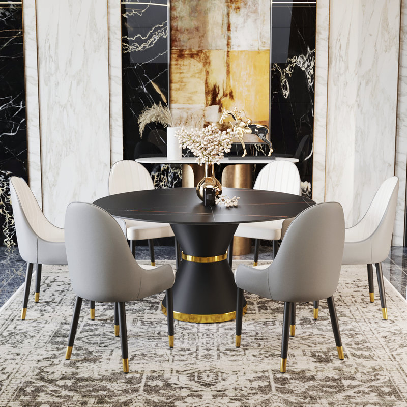 Ensemble de salle à manger moderne à 6 personnes avec base en piédestal Benedic, Noir, Blanc / gris