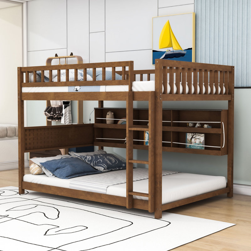 Wooden Bunk Bed with Shelves, LED Lighting and Pegboard Storage, Full Over Full, Brown