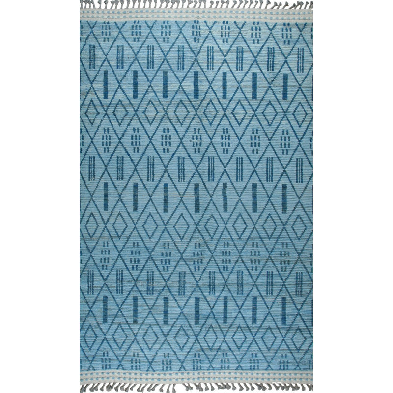 Tapis bleu moderne en laine noué à la main, 9 pi x 12 pi