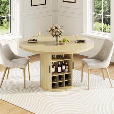 47" Round Dining Table for 4-6, Wood Kitchen Table with Storage & Wine Cabinet, Oak