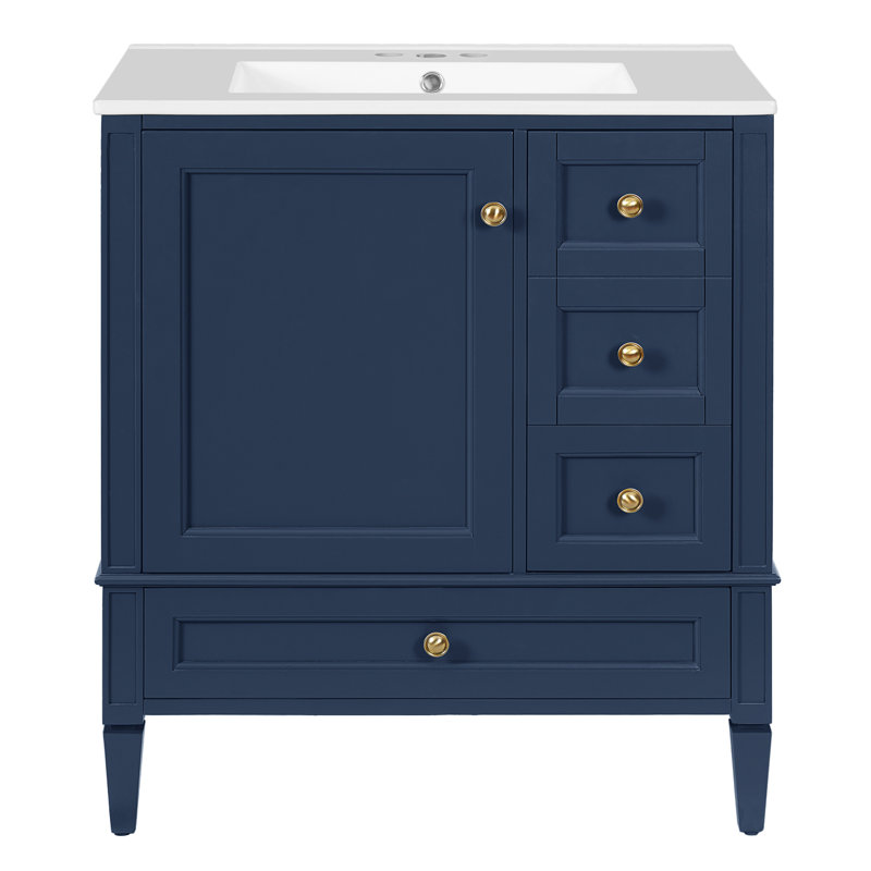 Meuble-lavabo 3 tiroirs 3 po avec lavabo en céramique, Bleu