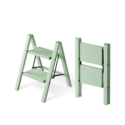 Échelle à 2 marches, tabouret portatif léger à 2 marches avec pédale large antidérapante, échelle en aluminium d'une capacité de 330 lb pour la maison, le bureau et la bibliothèque (vert pâle)