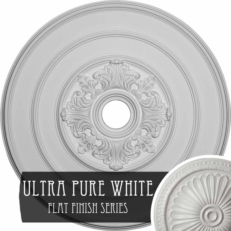 Médaillon de plafond endurathane traditionnel avec feuilles d'acanthe, DO 26 po x P 3 1/8 po x P 1 1/2 po (convient aux auvents jusqu'à 4 1/4 po), fini blanc ultra pur peint à la main