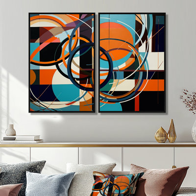 Bleu orange géométrique déchaîné - art mural bleu 2 panneaux