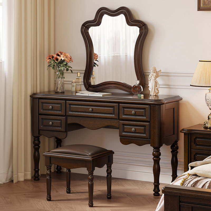 Meuble-lavabo rétro 47,24 po en bois d'acajou massif avec miroir et tabouret