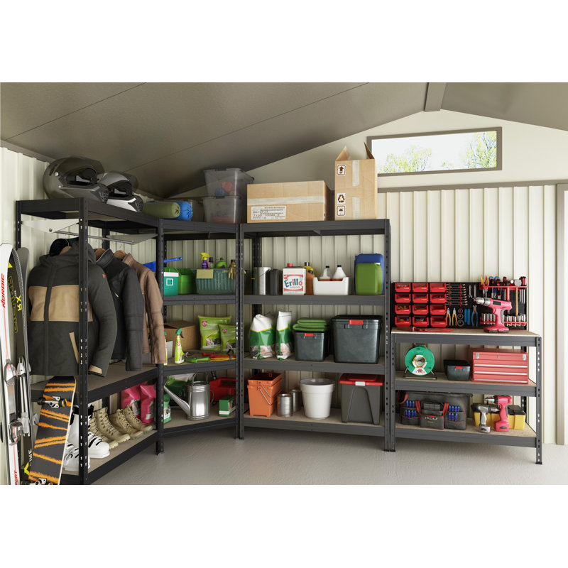AR Shelving 71" Black Metal and Fiberwood Corner Shelf Unit