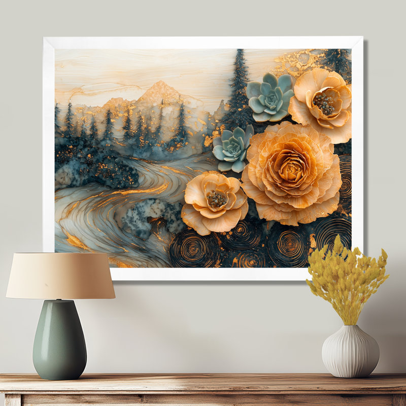 Moheez en bois fleurs succulentes dans la rivière paysage II - art mural succulent, H 30 po x l 40 po, Blanc