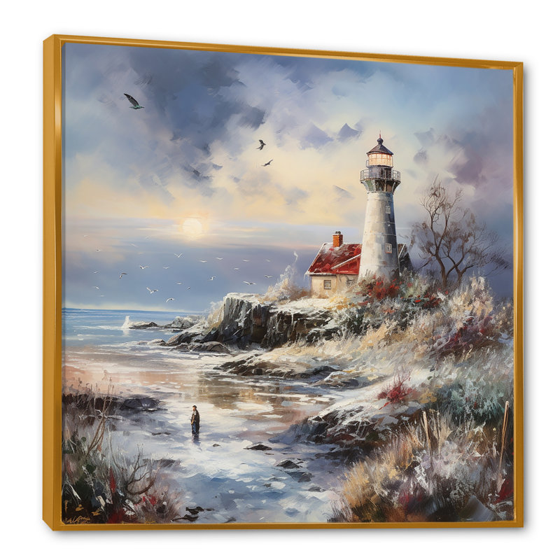 Charme de phare côtier en hiver, Cadre flottant doré, 16" H x 16" W