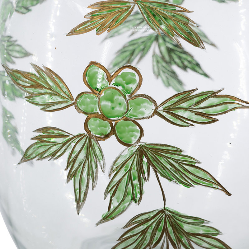 Vase en verre transparent avec motif botanique vert et or, 16,5 po