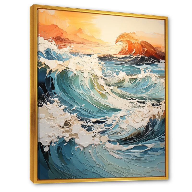 Teal Waves Fight II - Nautique et plage, reproduction d'art sur toile, Cadre flottant doré, H 32 po x l 24 po x P 1 po