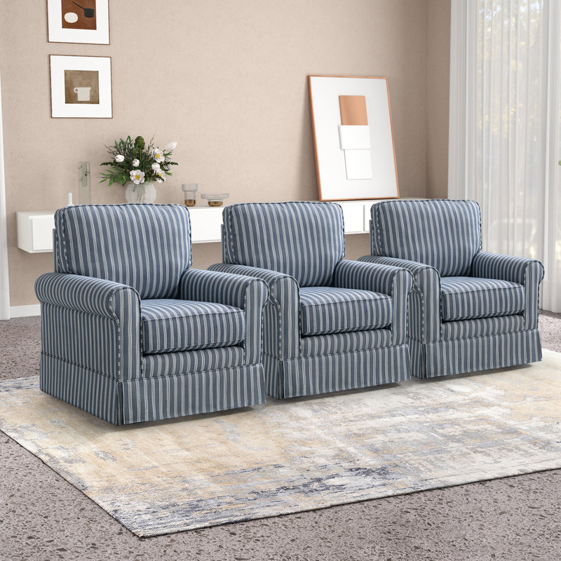 33" Wide Modern Soft Cushioned Back Striped Round Arm Accent Chair With Swivel (Set of 3), Blue Linen