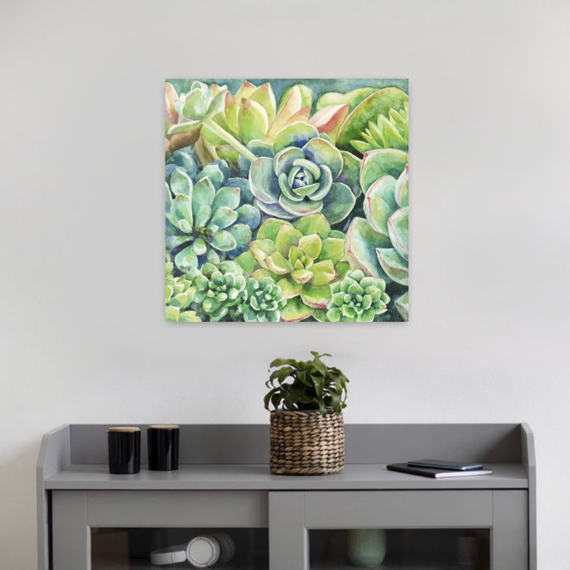 Plantes grasses contemporaines avec art botanique bleu, H 18 po x l 18 po