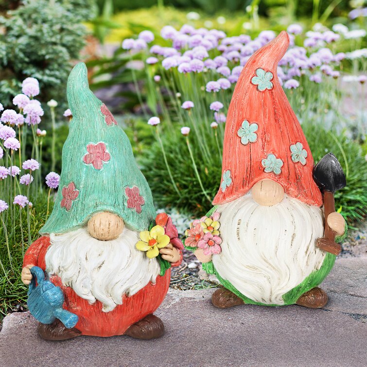 Exhart 2 Piece Pastel Daisy Hat Garden Gnome Statues Set
