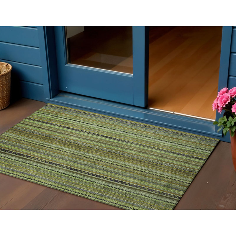 3' X 5' Green Gold And Gray Striped Washable Indoor Outdoor Area Rug