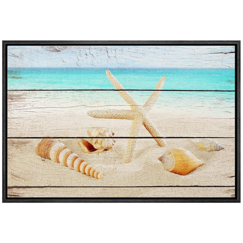 Coastal Beach " Starfish And Seashells On The Beach ", 16" H x 24" W, Black Floater Framed