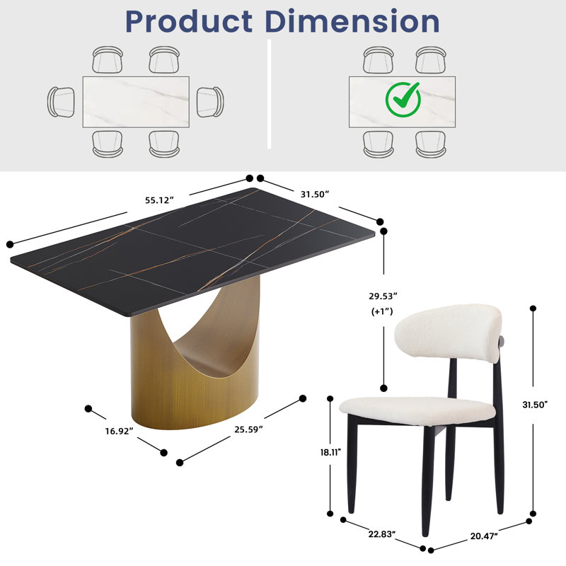 Fairy 5-Piece Modern Rectangular Sintered Stone Dining Table Set With 4 Solid Wood Chairs, Lauren Blackgold, Black