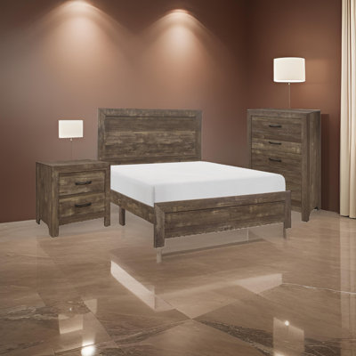 Ko 3 Piece Full Size Bedroom Set, Panel Detailings, Black Metal Handles, by Benjara