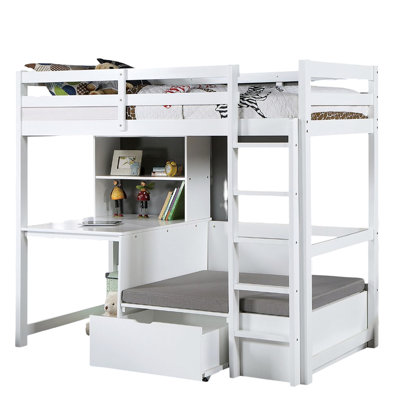 Lit mezzanine simple au-dessus d'un poste de travail moderne avec rangement, attaché et bibliothèque, couleur blanche, prêt pour le matelas, finition transitionnelle de tiroir amovible, prêt