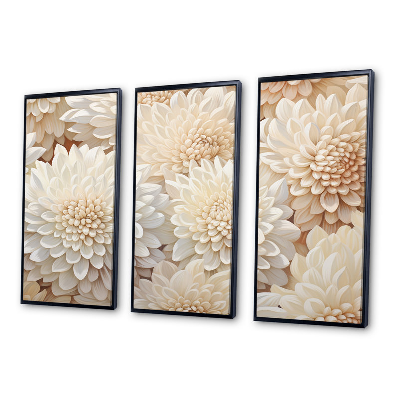 Ensemble de salon mural Pure White Chrysanthemums Mosaic I - Chrysanthemums, Cadre flottant noir, H 32 po x l 48 po x P 1 po