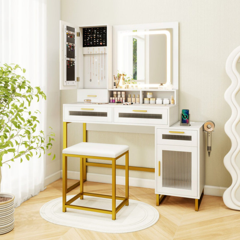 Ensemble coiffeuse et tabouret de maquillage avec miroir lumineux