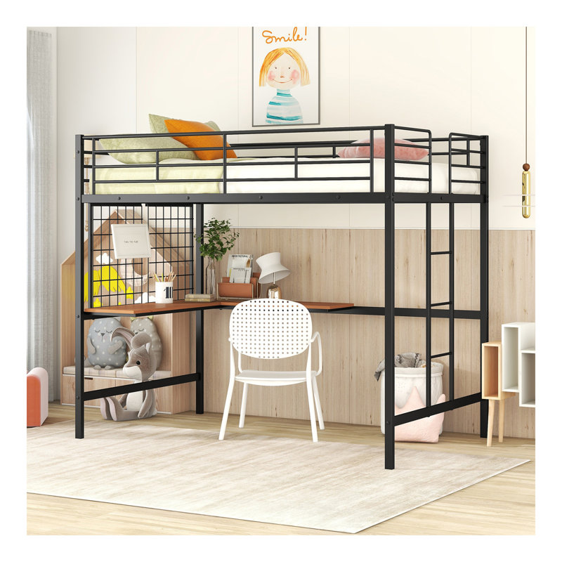 Lit mezzanine double en métal avec bureau et grille en métal, noir