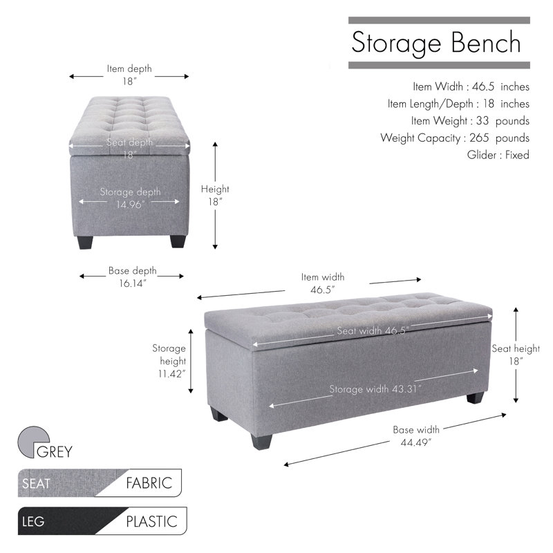 Fabric Upholstered Storage Bench, Grey