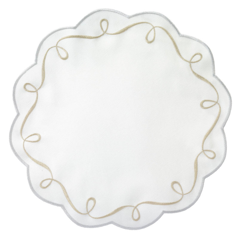 Ribbon Twirl Cotton Blend Scalloped Placemats, Gold/Silver