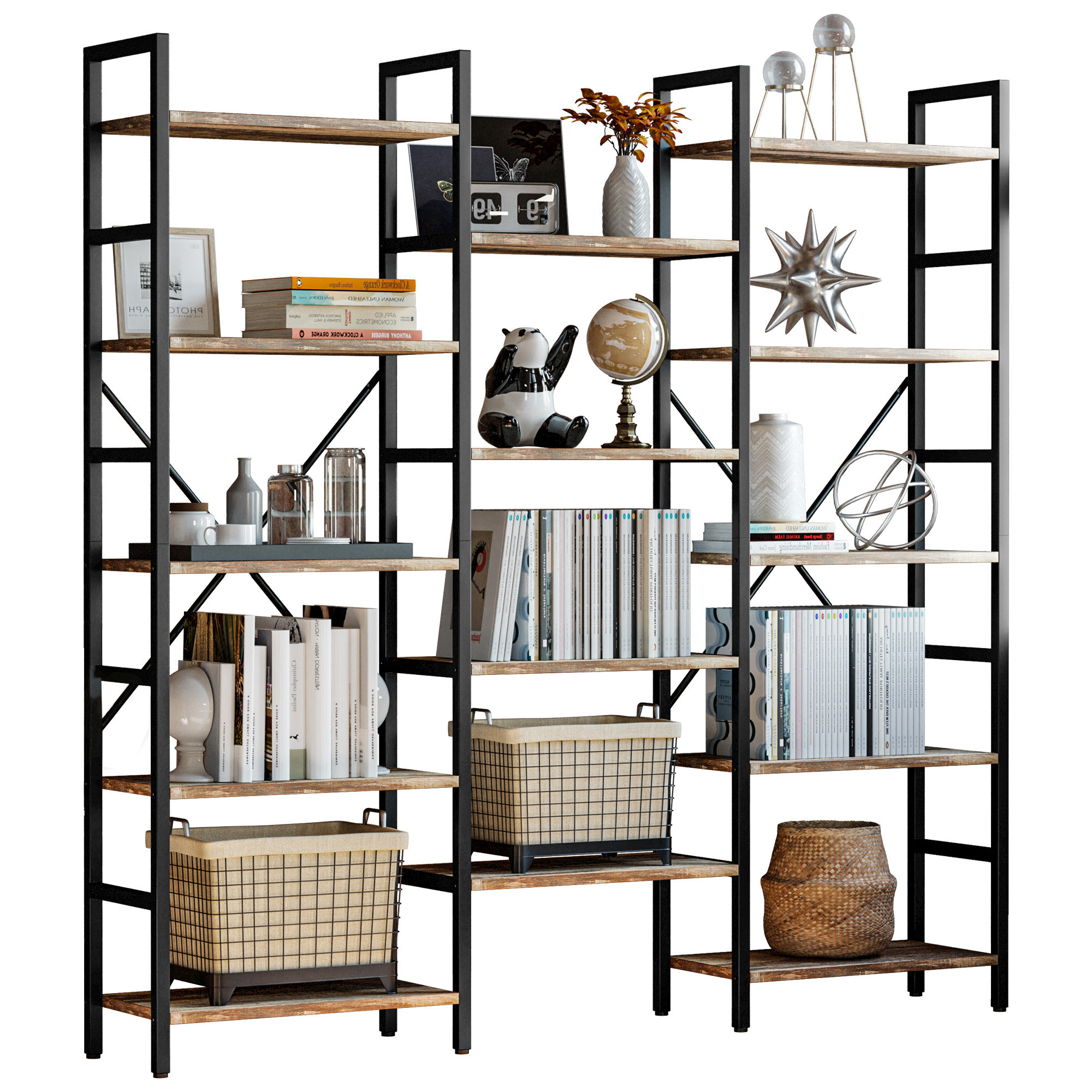 Maziah Bookcases And Bookshelves Triple Wide 5 Tiers Industrial Bookshelf, Large Etagere Bookshelf Open Display Shelves With Metal Frame For Living Room Bedroom Home Office