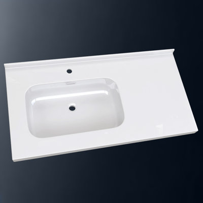 Dessus de meuble-lavabo à surface solide de 42 pouces avec lavabo intégré à gauche, comptoir moderne blanc vif de 2 po d'épaisseur, dosseret arrière de 1,38 po, conception à bord lisse, imperméable et facile à installer