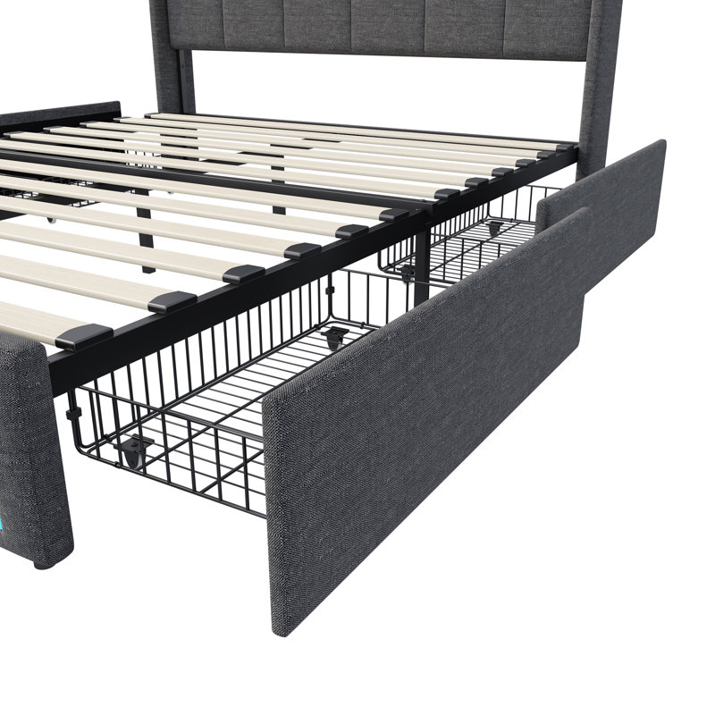 Carlyann Modern Fabric Bed Frame With LED Headboard Storage, USB & Type-C Ports, And Under-Bed Drawers, Grey, Super King (6')