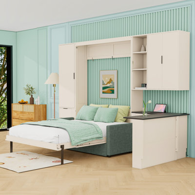 Grand lit escamotable avec canapé, tablettes de rangement et configuration de bureau