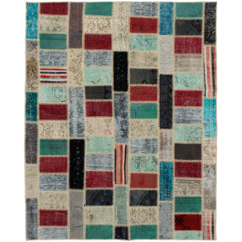 Tapis décoratif en laine de conception unique noué à la main New Age 5 pi 8 po x 7 pi 9 po Berlene en gris clair/bleu sarcelle/rouge