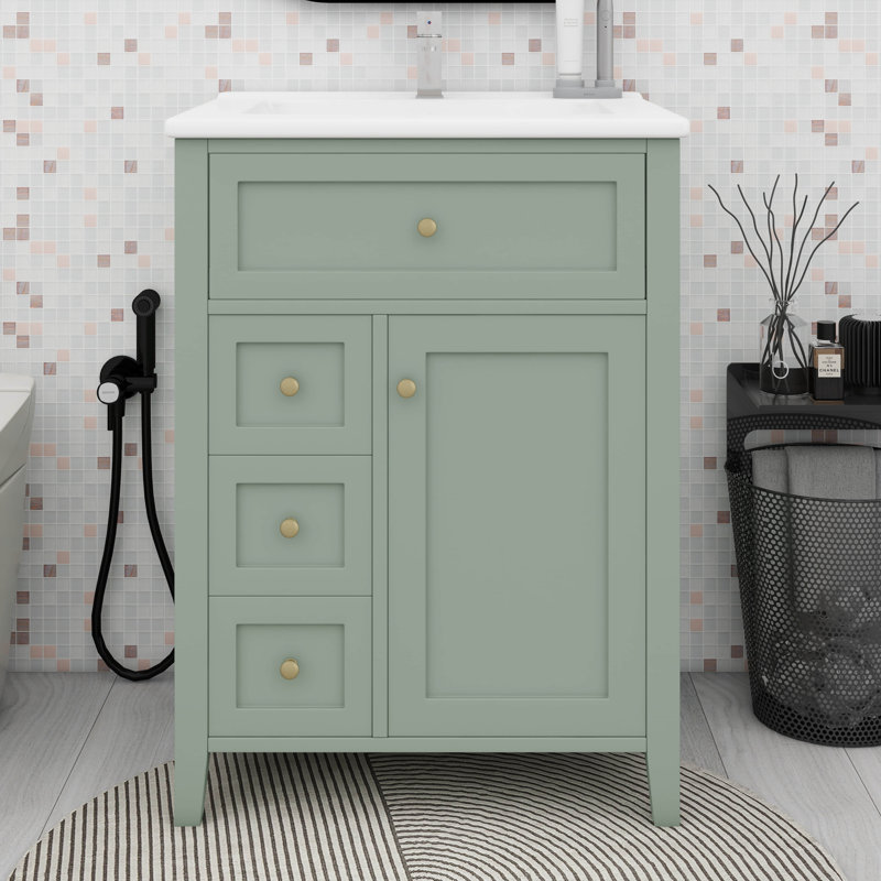 Meuble-lavabo 24 po avec lavabo, 1 tiroir rabattable et 2 tiroirs, tablette réglable, Vert, Doré