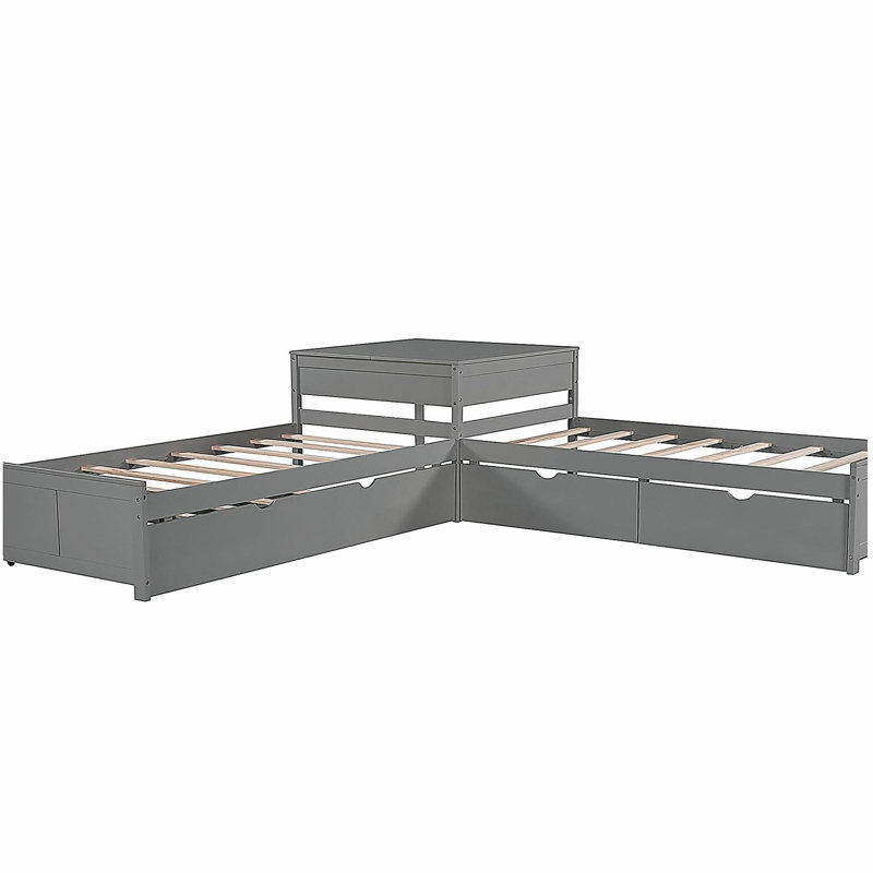 Lit plateforme en L avec tiroirs et table intégrée, Gris