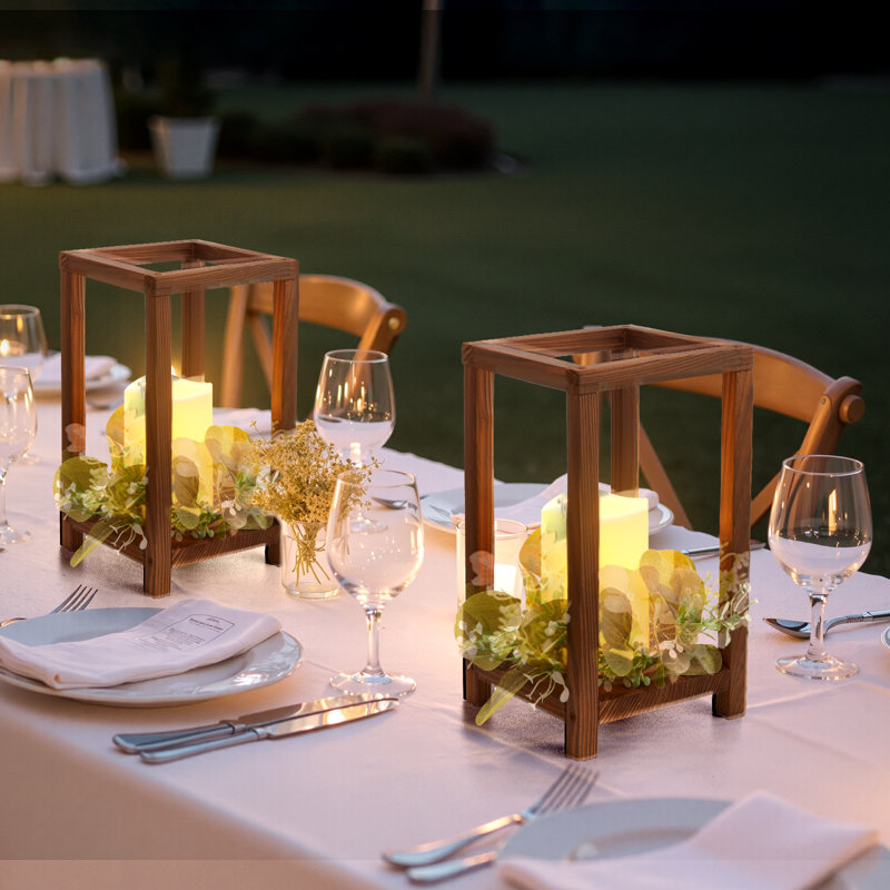 Wooden Wedding Lantern Centerpiece, Includes 12 Wooden Lantern Candle Holder 12 Flameless LED Candle 12 Eucalyptus Leaves Wreath for Wedding Table Party Farmhouse Decor, Brown