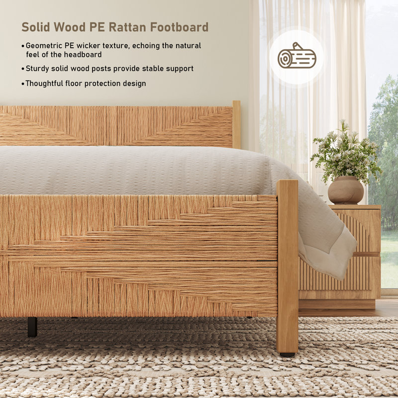 Boho Solid Wood Hand-woven PE Rattan Bed, Queen