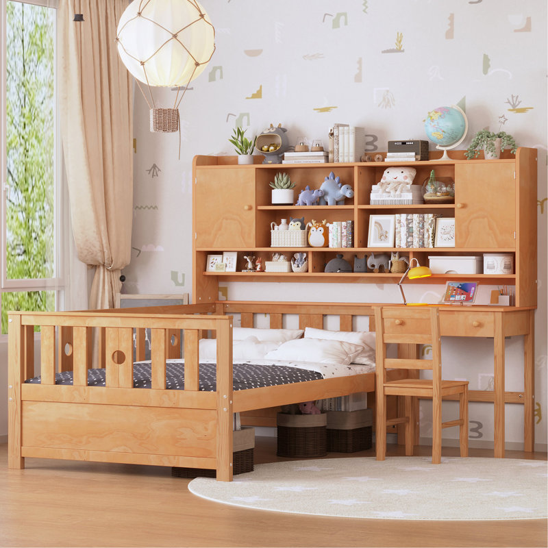 Lit simple en bois avec bureau axé sur la productivité, bibliothèque et chaise, plateforme naturelle Caractéristiques multifonctionnelles: chaise intégrée