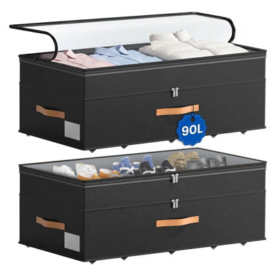 90L XXL grand rangement sous le lit avec roulettes, paquet de 2 (noir) réglable en hauteur de 11 po, noir