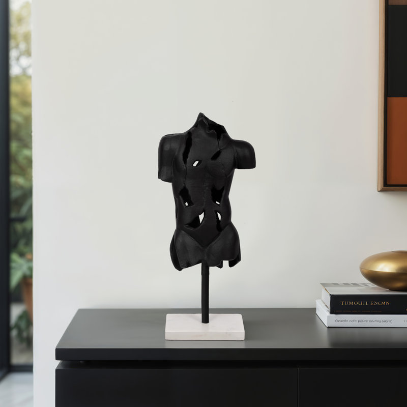 Black Abstract Torso Sculpture on Marble Base – Decorative Objects for Home Decor, Kitchen Decor, and Decorations for Living Room – Modern Statues, Figurine Accents, and Shelf Display – Black