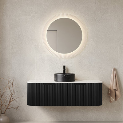 48" Bathroom Vanity&Sink, Floating Curved Edges Striped Plywood Storage Cabinet With 2 Drawers, Stone Black Round Ceramic Basin&Carrara White Sintered Stone Top, Pre-Assembled, Black Color